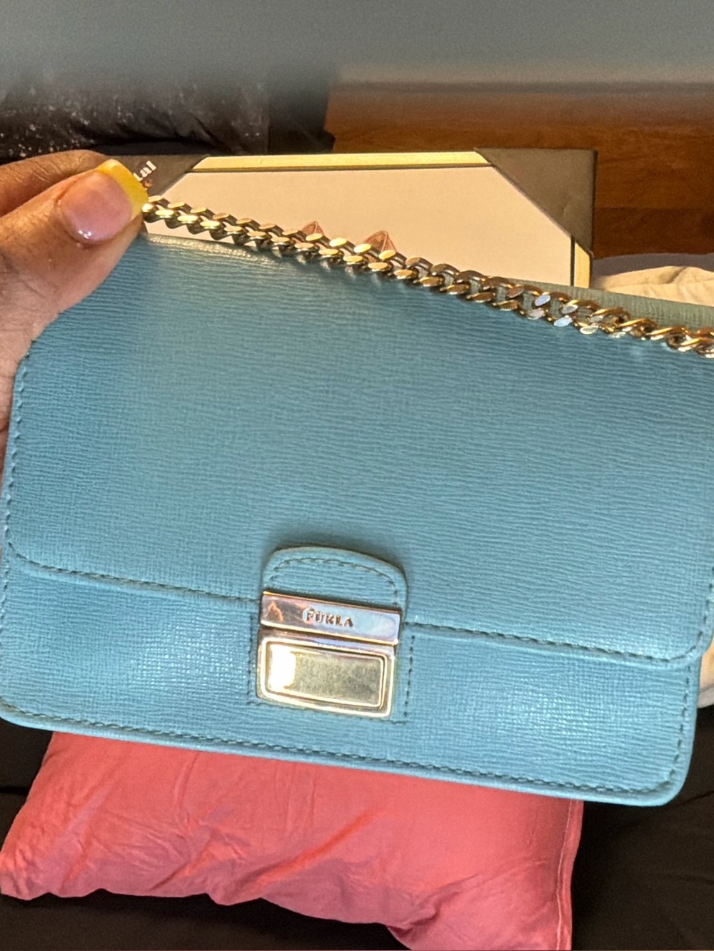 Furla Mini Chain Crossbody Bag – Light Blue Leather